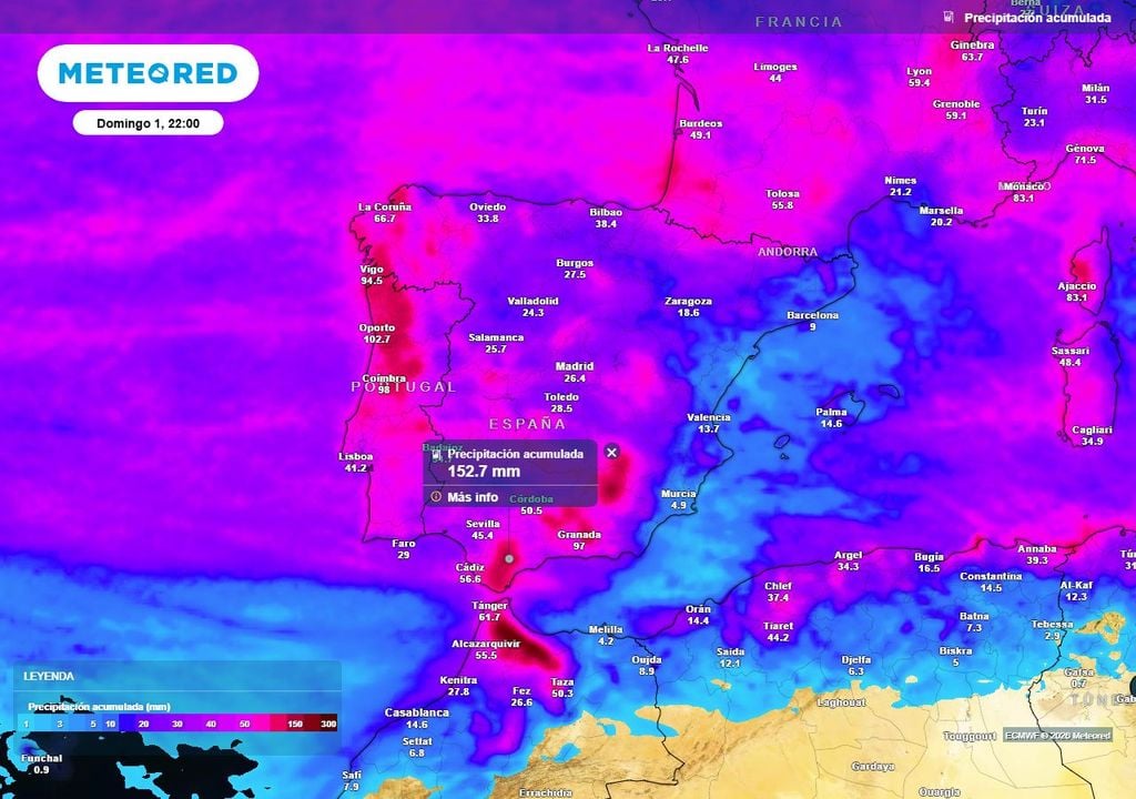 Precipitación acumulada Mapa con la precipitación acumulada prevista hasta el domingo, inclusive. Tanto Galicia como el sur peninsular serán las áreas donde se produzcan las mayores acumulaciones.