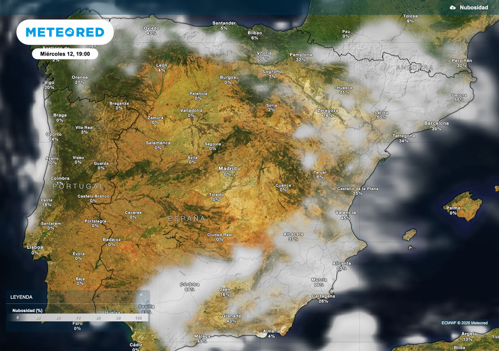 Nubosidad prevista por el modelo europeo para las 19:00 h de mañana miércoles 12 de agosto.