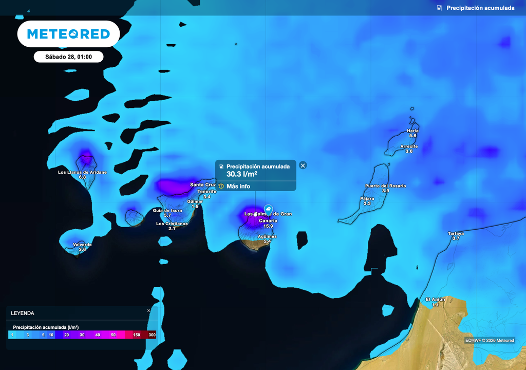 Previsión de lluvia en Canarias, principalmente entre el miércoles y jueves. Fuente: modelo europeo.