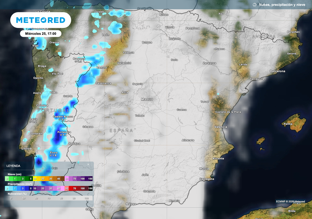 Aumento de la nubosidad el miércoles, con algunas precipitaciones en el oeste peninsular. Fuente: modelo europeo.