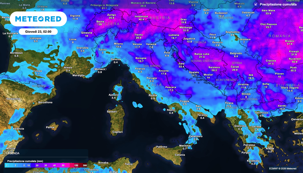 Precipitazioni cumulate da oggi fino a giovedì prossimo.