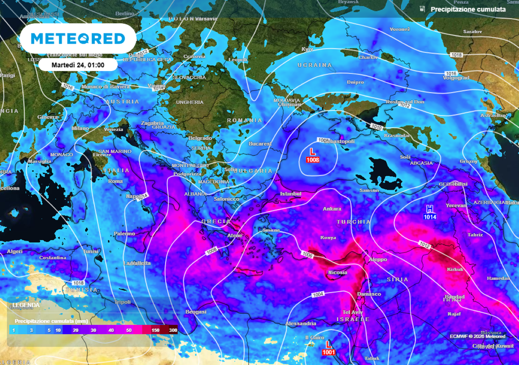 L’area del Mediterraneo, come buona parte dell’Europa meridionale, diventerà il corridoio preferenziale per le perturbazioni, favorendo un incremento della piovosità, soprattutto al Centro-Sud.