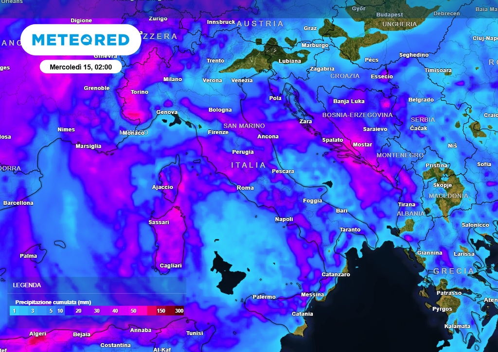 Precipitazioni attese per entro la giornata di martedì 14 sull'Italia. Tra le regioni maggiormente interessate ci saranno i settori nord-occidentali, con parte del Piemonte, Val d'Aosta e Lombardia nord-occidentale. Poi Emilia Romagna, Toscana, Lazio e Umbria. Molte piogge anche sulla Sardegna.