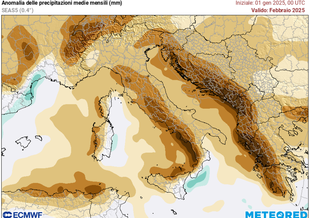 Precipitazioni attese nel mese di febbraio.