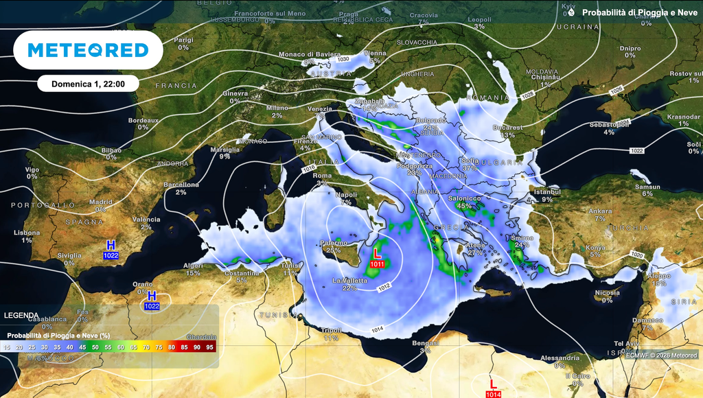 Mappa relativa alla situazione meteo prevista per la festività di Ognissanti