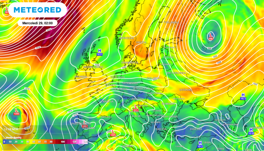 Tra martedì 28 e mercoledì 29 aprile, l'anticiclone atlantico con i massimi di pressione tra le Isole Britanniche, il Mar del Nord e la Penisola Scandinava occidentale, favorirà la discesa di masse d'aria fredda di origine continentale, provenienti dalle latitudini artiche e dalle pianure della Russia europea.