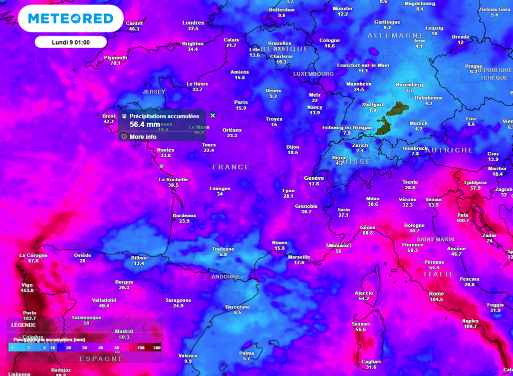 Les cumuls de pluies s'annoncent conséquents, en particulier dans l'ouest et le sud-est.