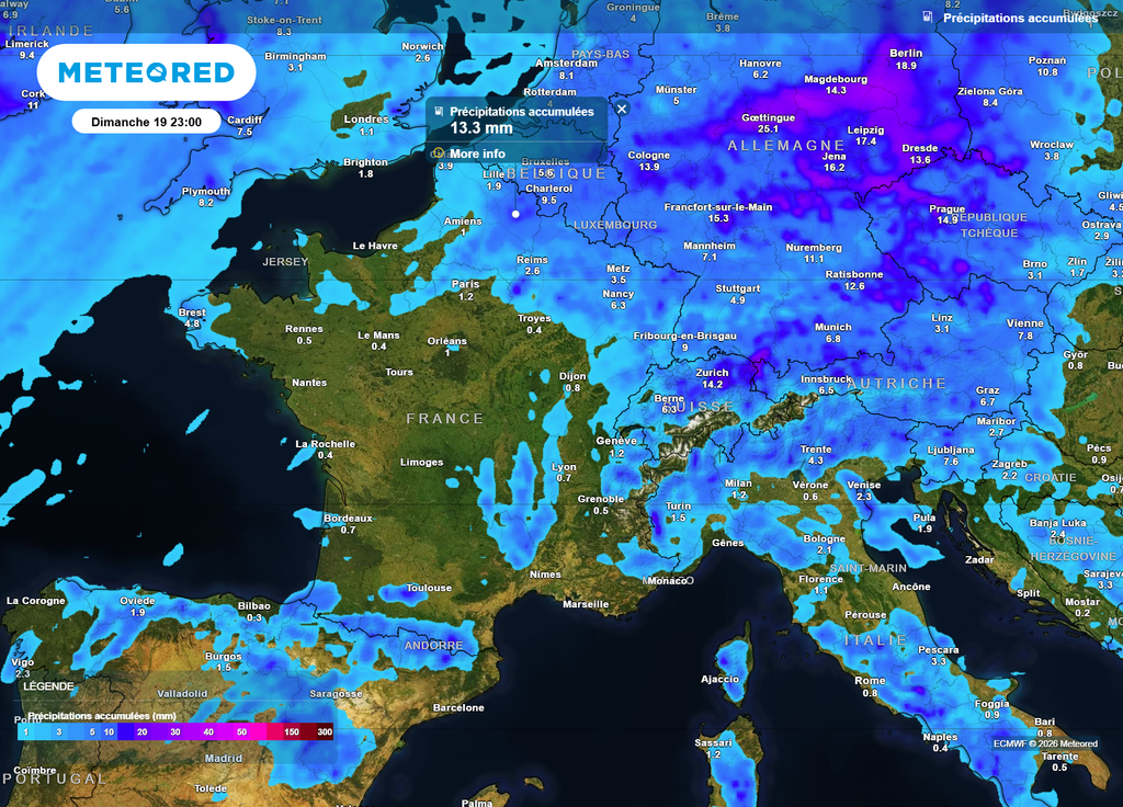 D'ici la fin du week-end, les cumuls de précipitations s'annoncent vraiment minimes sur la France, seul le Nord-Est et les reliefs tirant leur épingle du jeu avec plus de 5 mm de pluie.