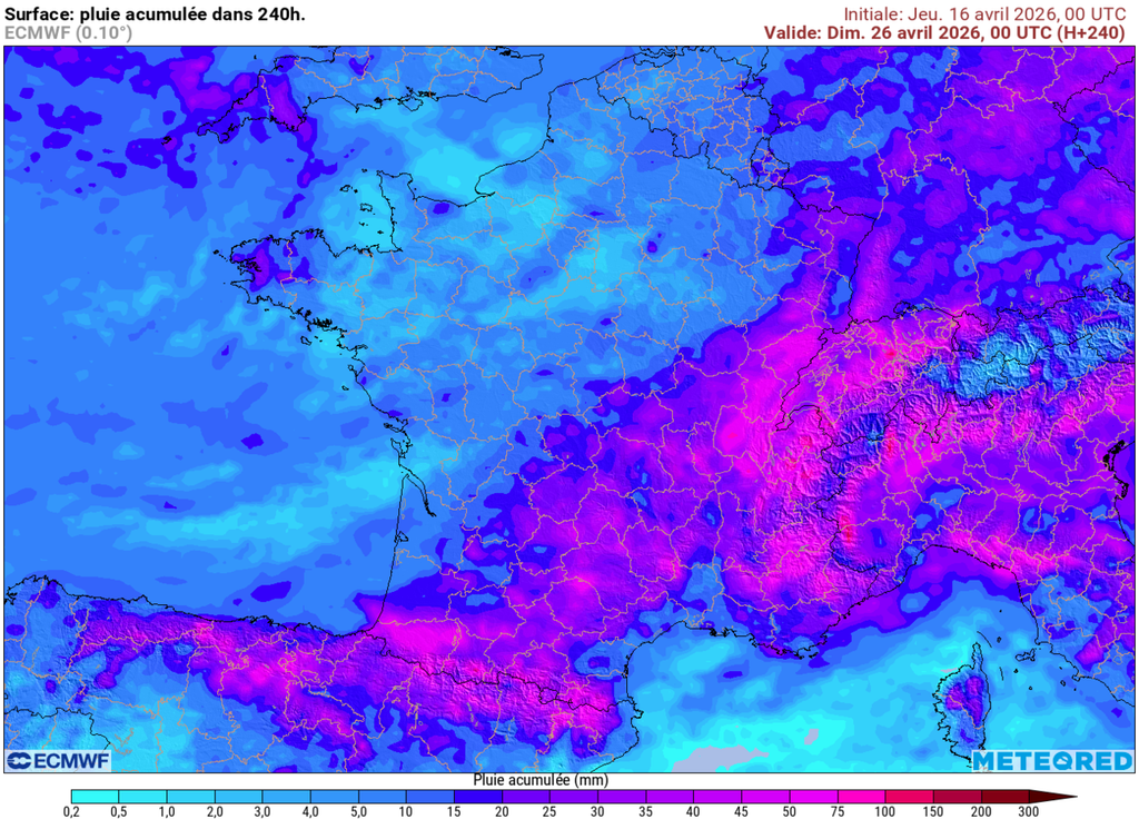 D'ici au 26 avril, c'est la moitié Sud et les frontières de l'Est qui risquent d'être les plus arrosées, le Nord et le Nord-Ouest resteront généralement au sec.