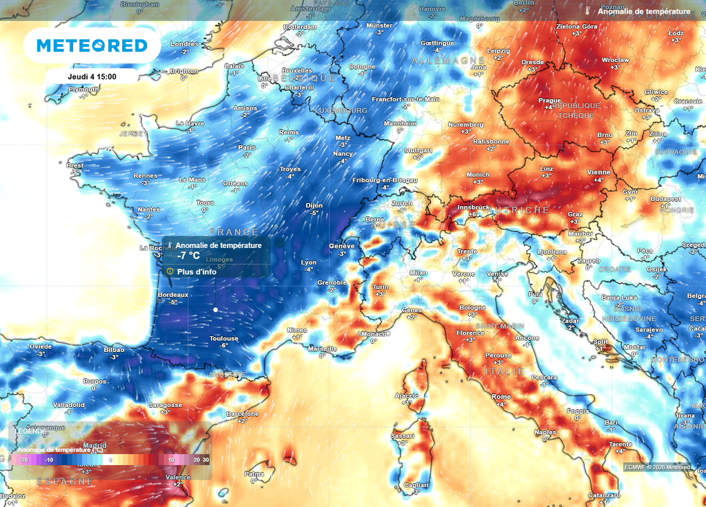 Ce jeudi après-midi, le quart Sud-Ouest de la France retrouve des sensations plus automnales qu'estivales, avec des températures jusqu'à 7°C sous les normales de saison !