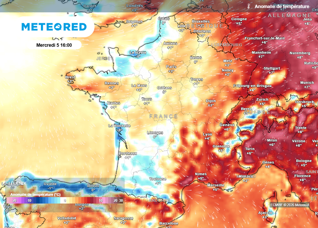 Anomalies températures Les températures seront situées en-dessous des normales entre les côtes de la Manche et le sud-ouest du pays cet après-midi, alors que la chaleur résiste encore sur une partie de l'est et notamment près de la Méditerranée