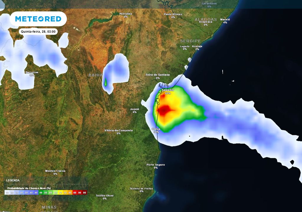 Previsão de probabilidade de chuva na quinta-feira durante a manhã.