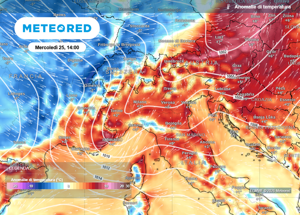 Nella giornata di mercoledì, al di là delle Alpi avremo già anomalie termiche negative, mentre in Italia un richiamo di correnti calde porterà clima mite a poche ore dal crollo termico previsto.