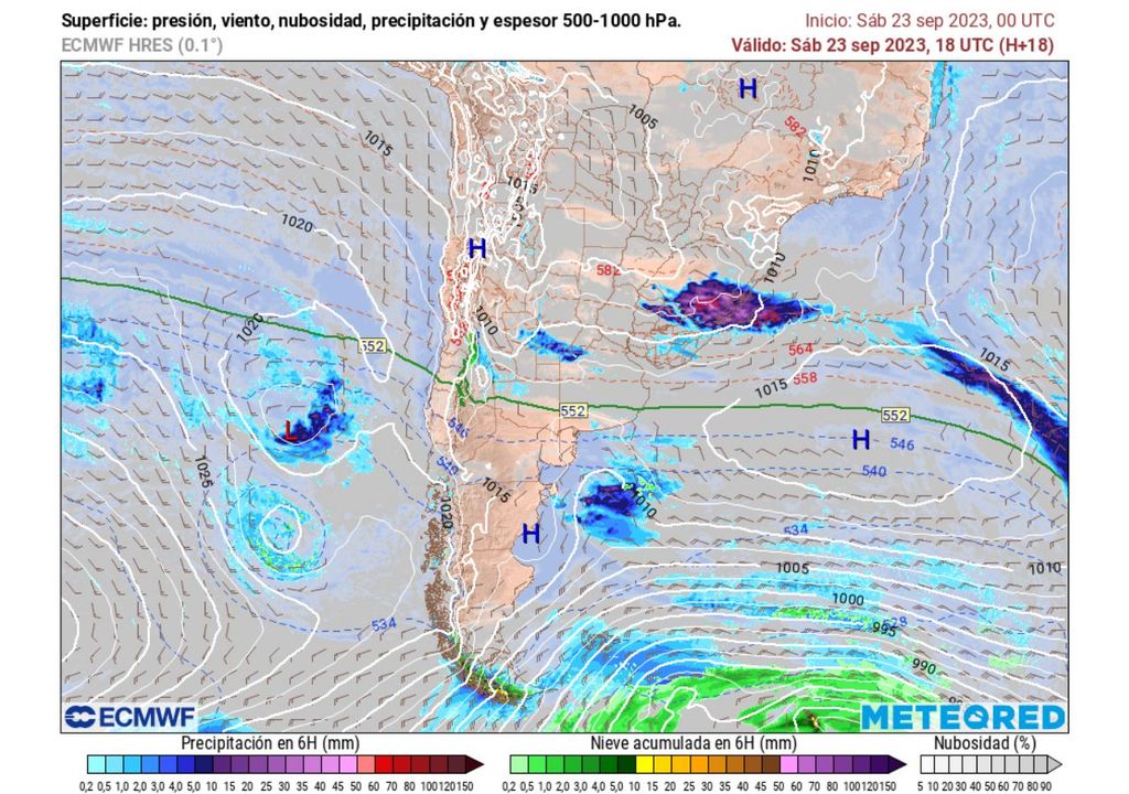 Precipitación, nubes y presión predichas por el modelo ECMWF
