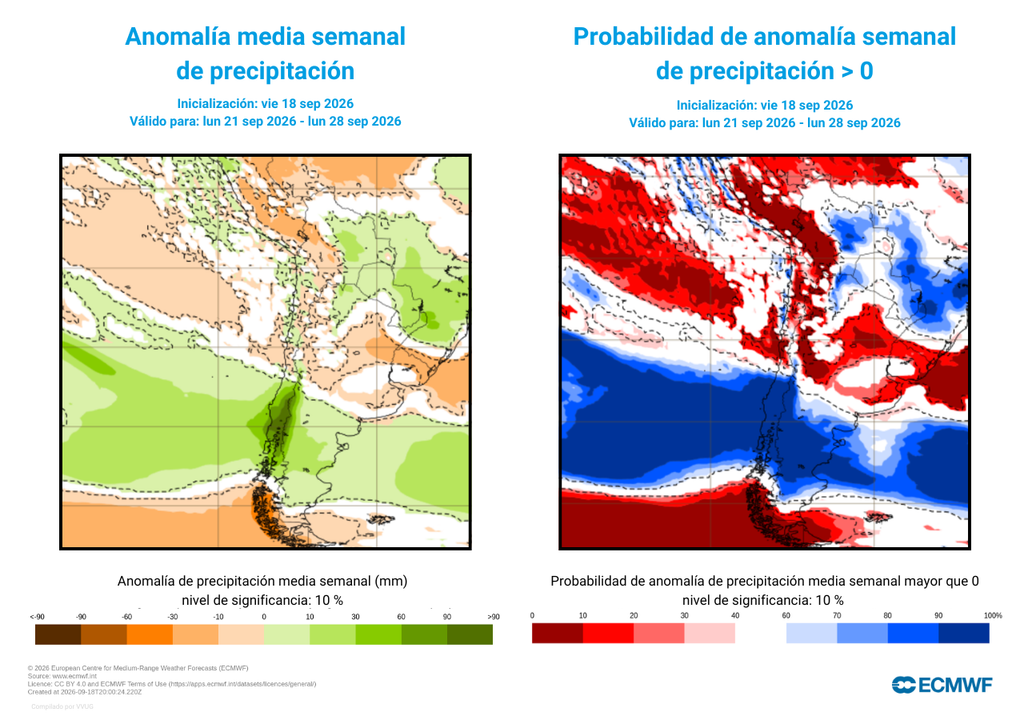 anomalías de precipitación Una extensa zona de lluvias abundantes con alta probabilidad de dejar acumulados sobre el promedio se extenderá sobre parte del centro y sur de Chile la próxima semana. Un río atmosférico de categoría 4 contribuirá a incrementar las lluvias en la zona.