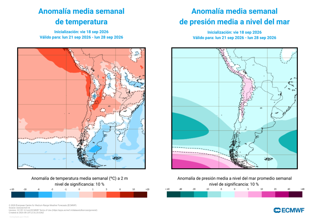 anomalías de temperatura y presión sobre Chile Un corredor de bajas presiones se ubicará sobre el sur de Chile, mientras que el calor primaveral llegará con fuerza, para dejar lluvias con isoterma cero alta durante la primera semana de la primavera.