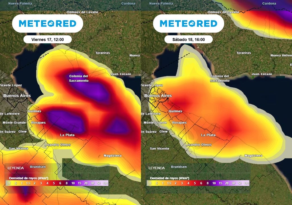 Densidad de rayos El mapa de densidad de rayos muestra los dos momentos más complicados por tormentas en el finde: el viernes al mediodía y el sábado por la tarde