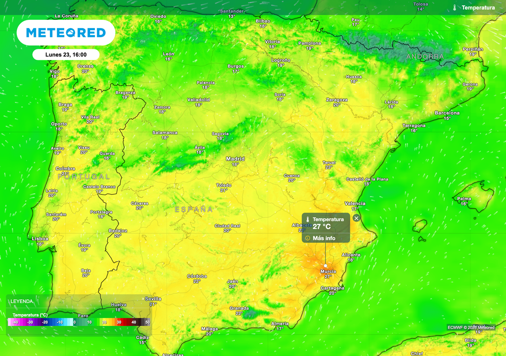Temperaturas máximas previstas para el próximo lunes por el modelo europeo.