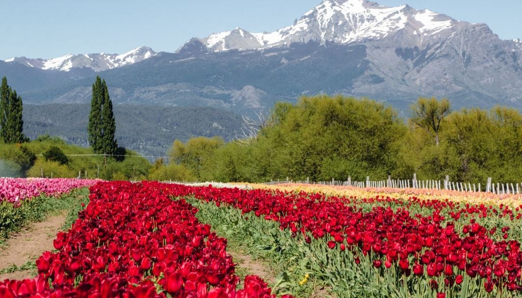 Campo de Tulipanes en Trevelin El Campo de Tulipanes y la Cordillera de los Andes de fondo: una de las postales más atractivas de la primavera en la Patagonia argentina.
