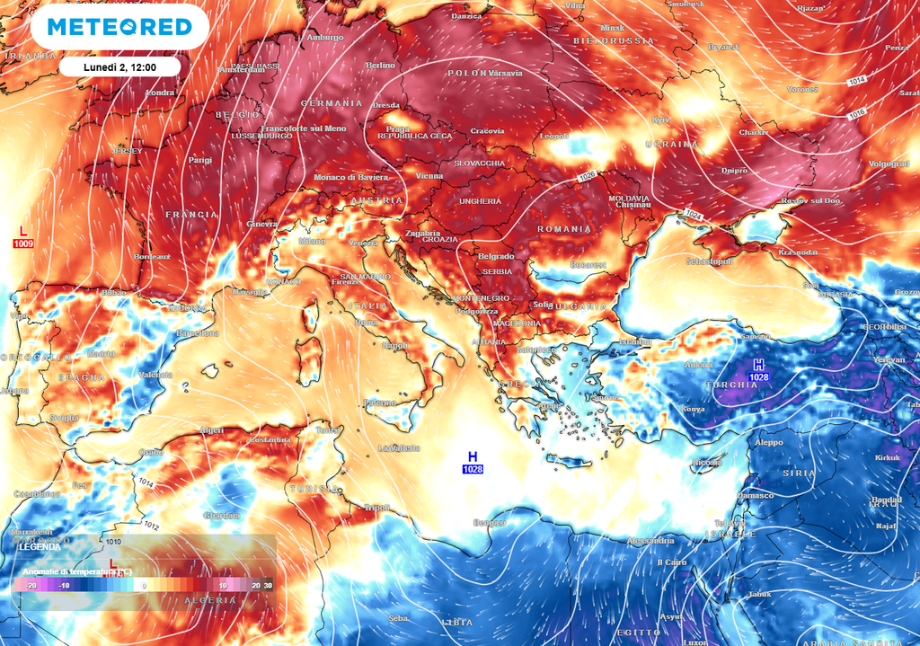 L'enorme anomalia termica che domina da diversi giorni sull'Europa e sull'Italia, con temperature largamente sopra la media climatologica.