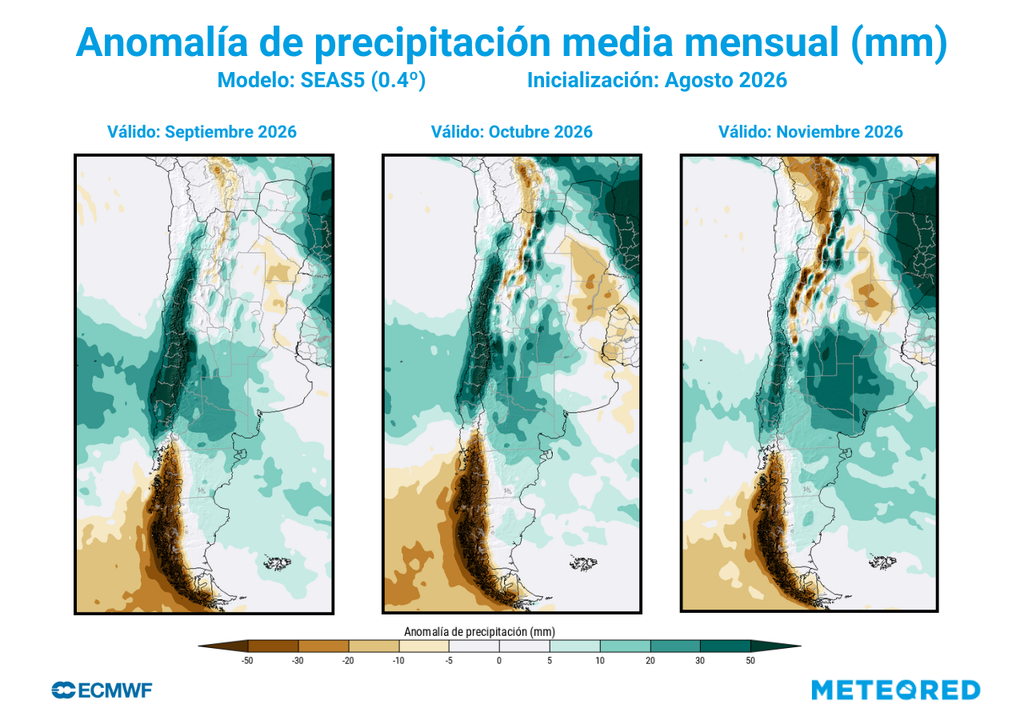El patrón lluvioso se mantendría fortalecido durante la primavera. Las lluvias intensificadas seguirán castigando el país, especialmente en la primera mitad de la primavera.