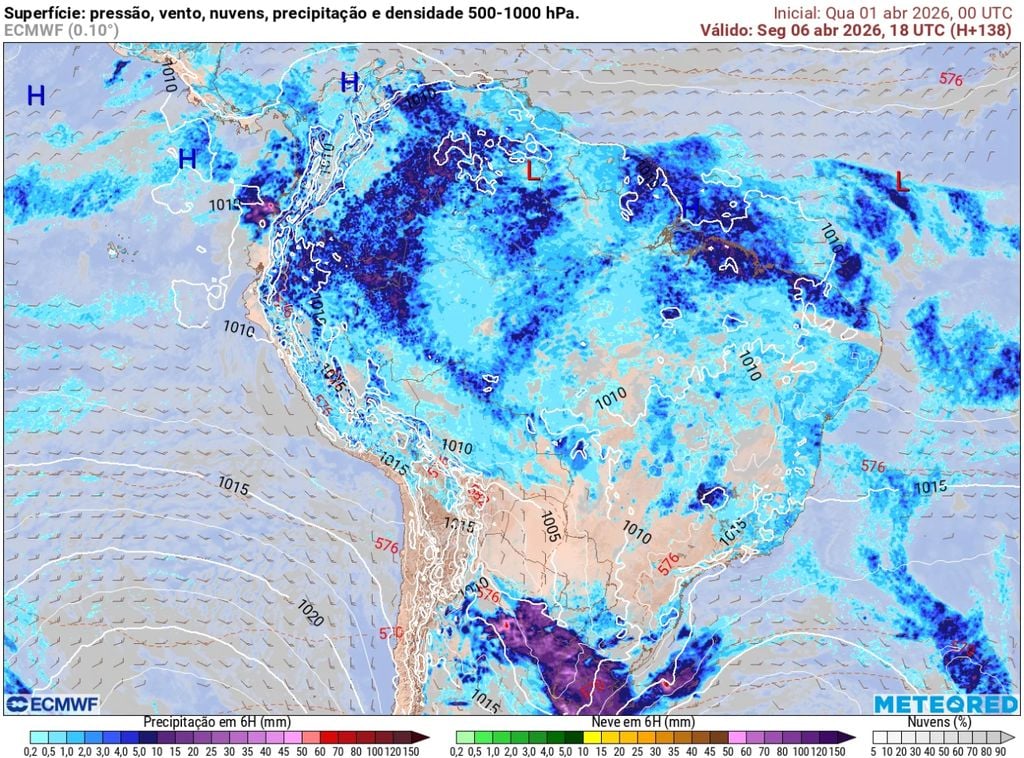 Previsão de chuva e pressão para a tarde da segunda-feira, 6 de abril.