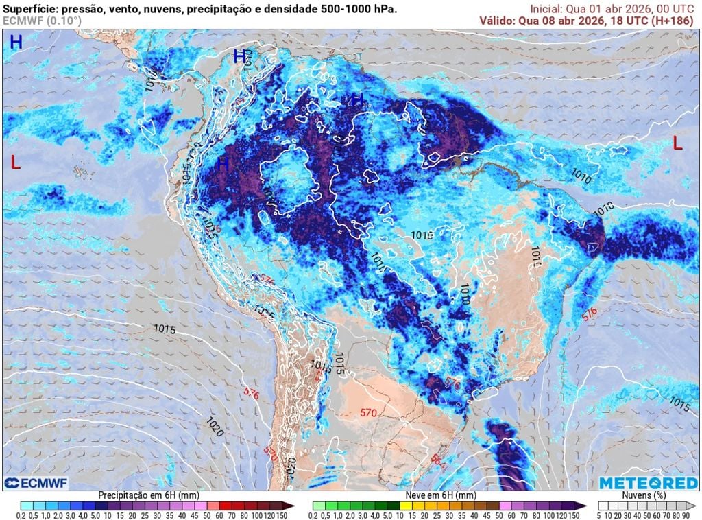 Previsão de chuva e pressão para a tarde da quarta-feira, 8 de abril.