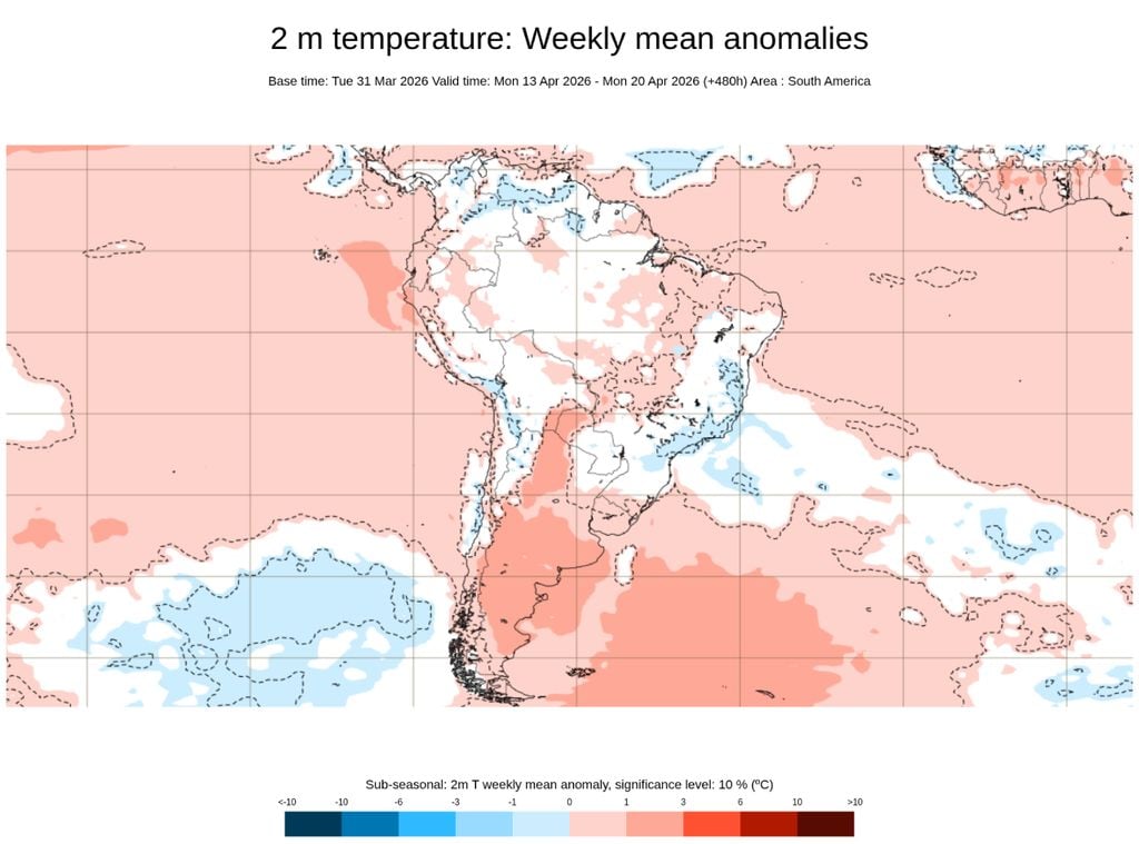 Anomalia de temperatura para o período de 13 a 20 de abril, mostrando que as temperaturas ficam em torno da média ainda uma semana depois da chegada da massa de ar frio.