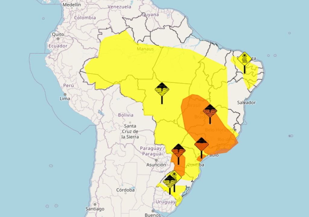 Mapa de alertas emitidos pelo INMET nesta quinta-feira. Mapa de alertas emitidos pelo INMET nesta quinta-feira.