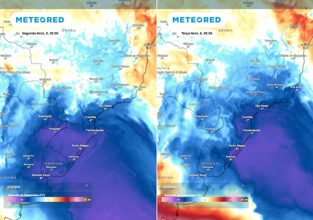 Previsão de anomalias de temperatura em 850 hPa para o final do domingo (esquerda) e da segunda (direita). Previsão de anomalias de temperatura em 850 hPa para o final do domingo (esquerda) e da segunda (direita).