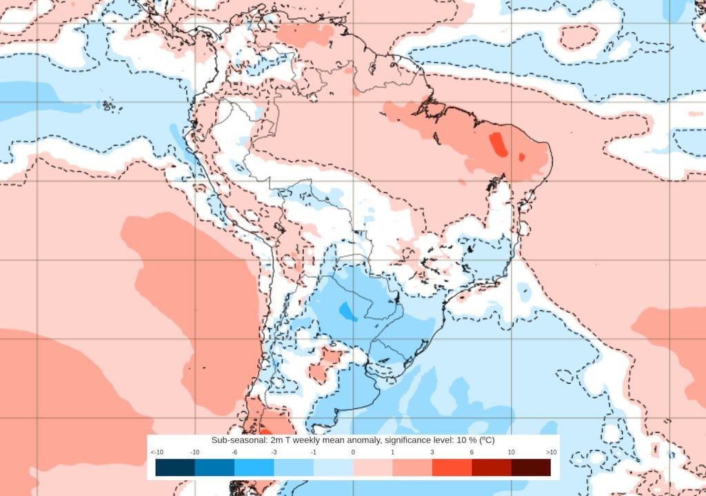 Previsão de anomalias de temperatura entre os dias 5 e 12 de Janeiro (modelo ECMWF). Previsão de anomalias de temperatura entre os dias 5 e 12 de Janeiro (modelo ECMWF).