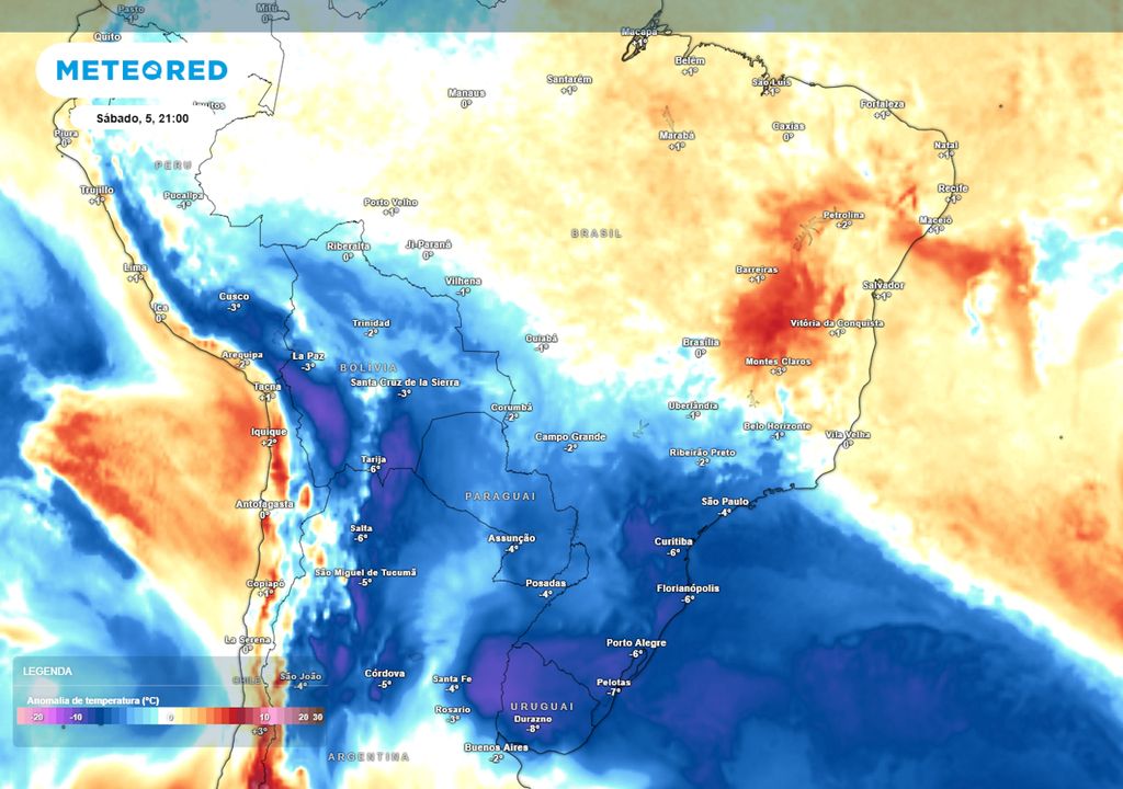 Previsão de anomalias de temperatura a 850 hPa no sábado durante a noite. Previsão de anomalias de temperatura a 850 hPa no sábado durante a noite.