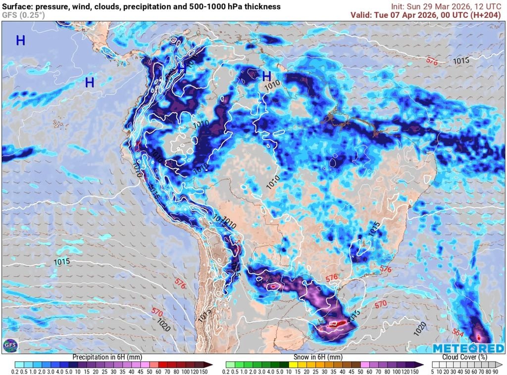 Previsão de chuvas para o dia 7 de abril evidencia a atuação de um forte frente fria sobre o Sul do Brasil.