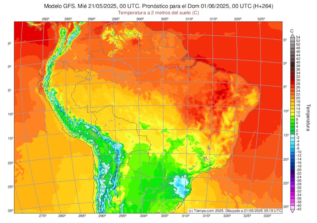 Previsão de temperaturas no início do domingo dia 01/06.