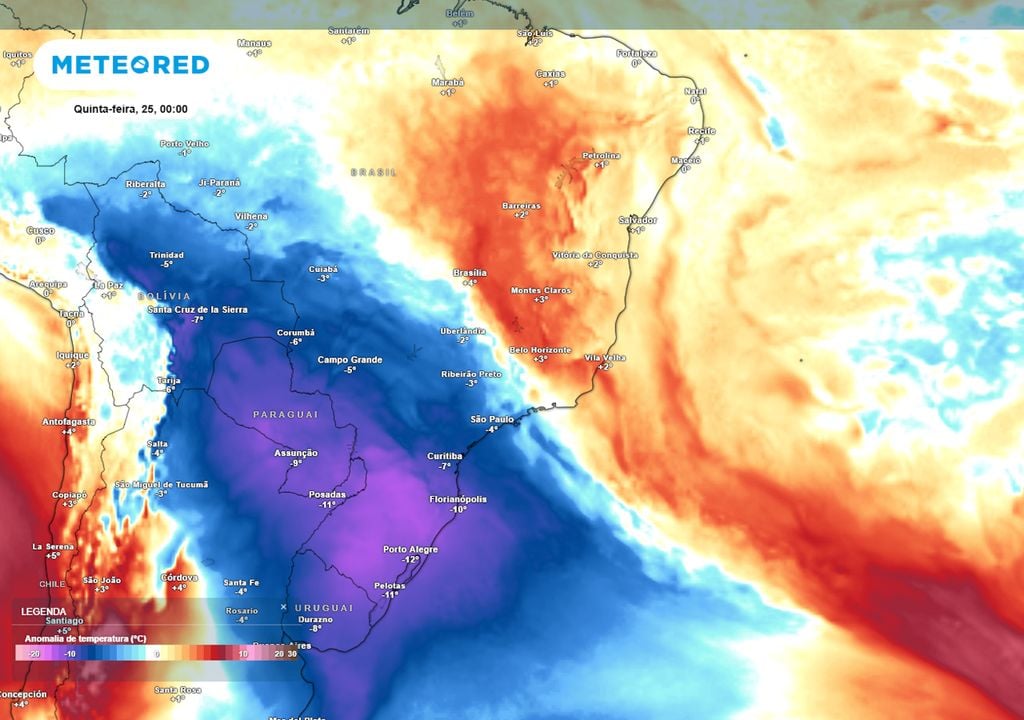 Previsão de anomalias de temperatura em 850 hPa no final da quarta-feira. Previsão de anomalias de temperatura em 850 hPa no final da quarta-feira mostra a abrangência que a massa de ar frio terá na próxima semana, chegando a grande parte do país.