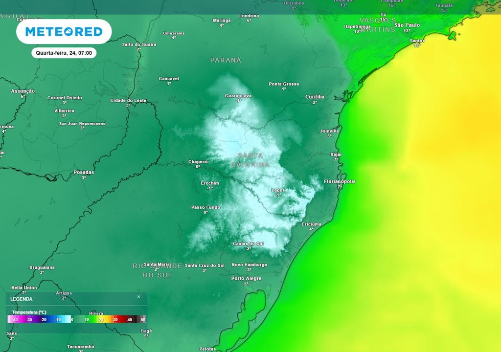 Previsão de temperaturas mínimas na quarta-feira durante o início da manhã. Previsão de temperaturas mínimas na quarta-feira durante o início da manhã mostra condições para formação de geadas em toda a região Sul e temperaturas negativas (áreas esbranquiçadas).