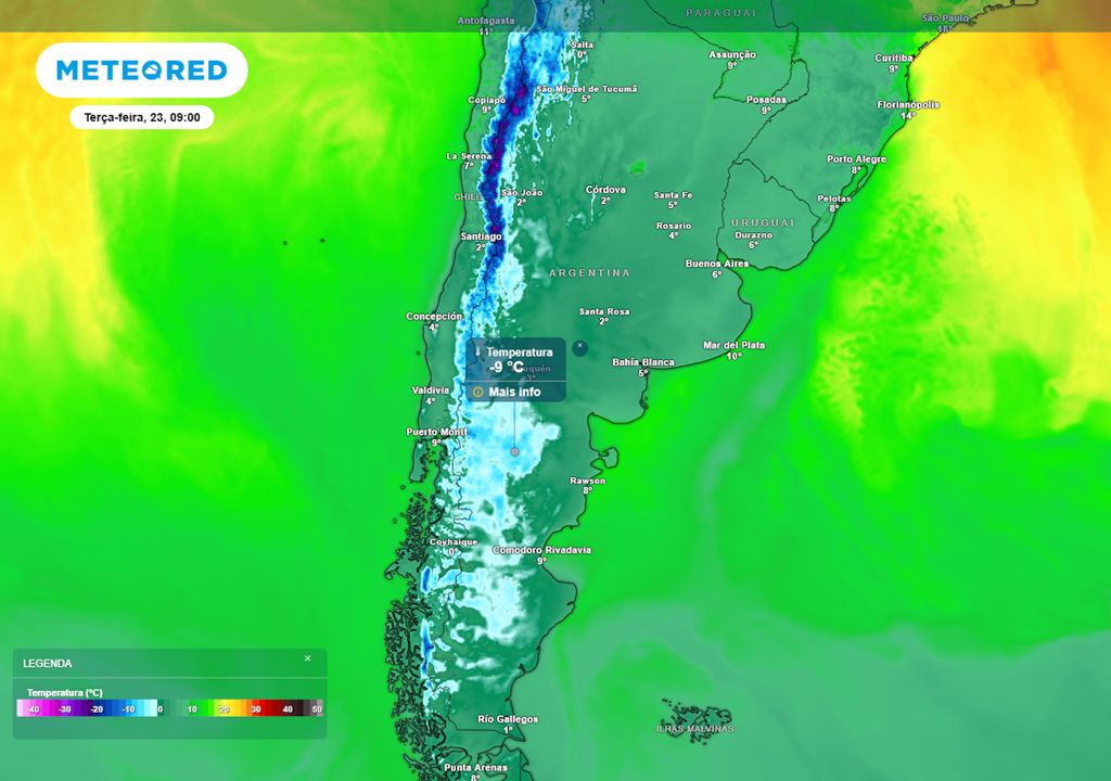 Previsão de temperaturas mínimas na terça-feira durante a manhã. Previsão de temperaturas mínimas na terça-feira durante a manhã mostram temperaturas baixíssimas atingindo grande extensão da região Patagônica da Argentina e o Chile.