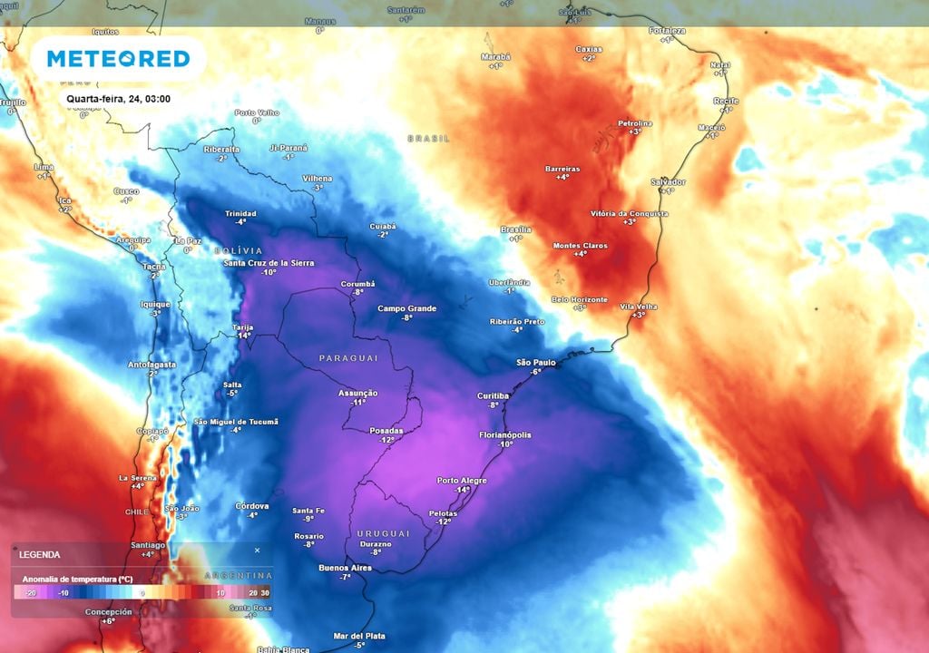 Previsão de anomalias de temperatura em 850 hPa na quarta-feira durante a madrugada. Previsão de anomalias de temperatura em 850 hPa na quarta-feira durante a madrugada ilustra a abrangência da massa de ar polar sobre o Brasil, que ocasionará frio extremo e geadas.