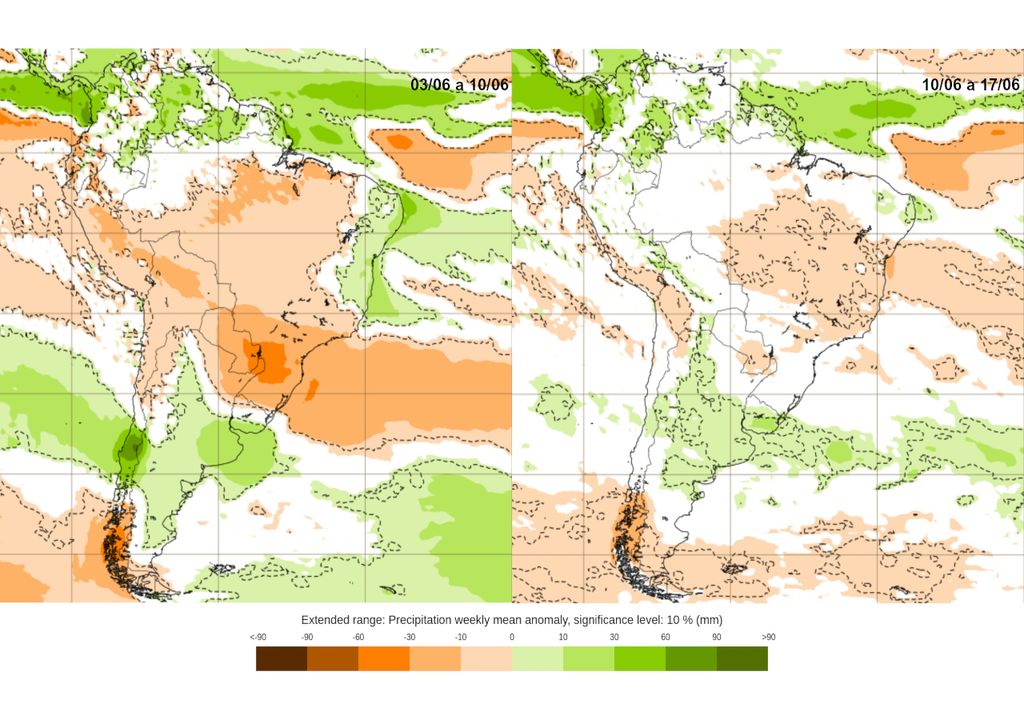 Mapas de previsão semanal de anomalia de chuva