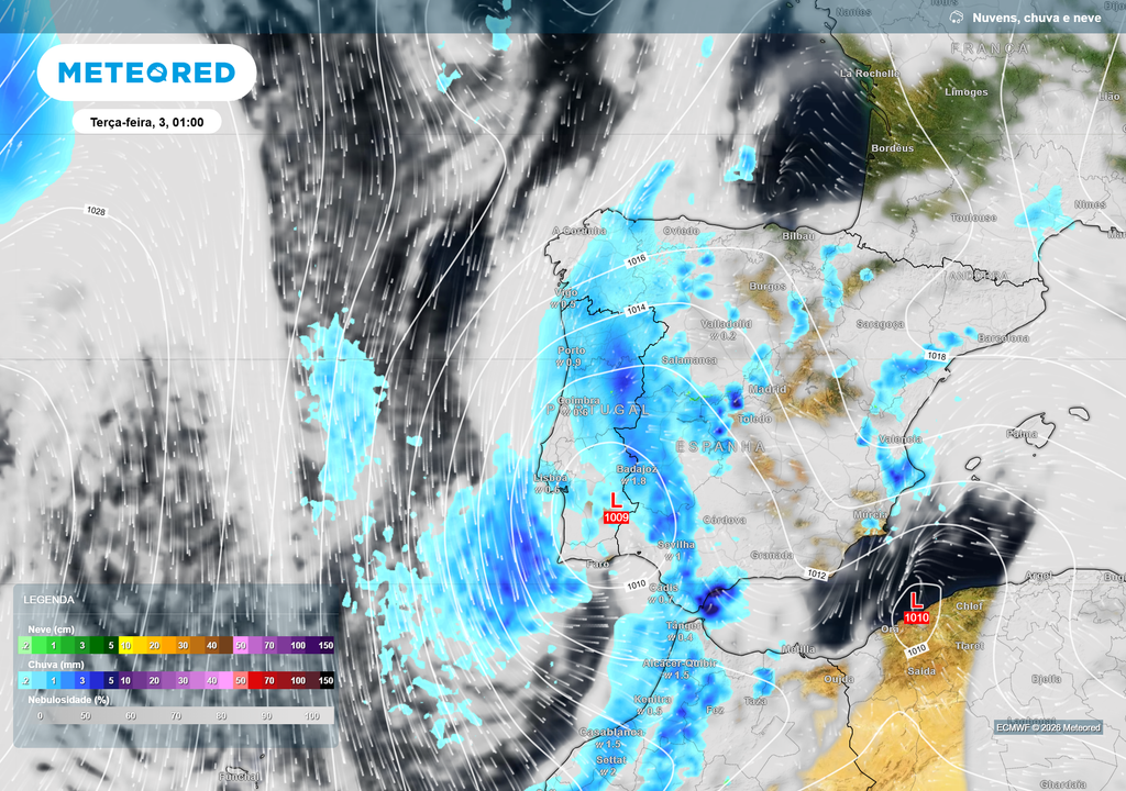 Depressão isolada em altitude já estabelecida sobre o sul da Península Ibérica, mantendo precipitação no Centro e Sul de Portugal. Primeiros dois dias chuvosos do mês com ar mais frio em circulação.