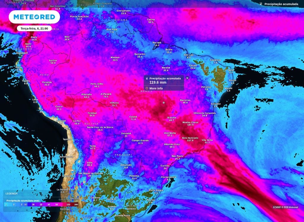 Precipitação acumulada prevista até terça-feira (6).