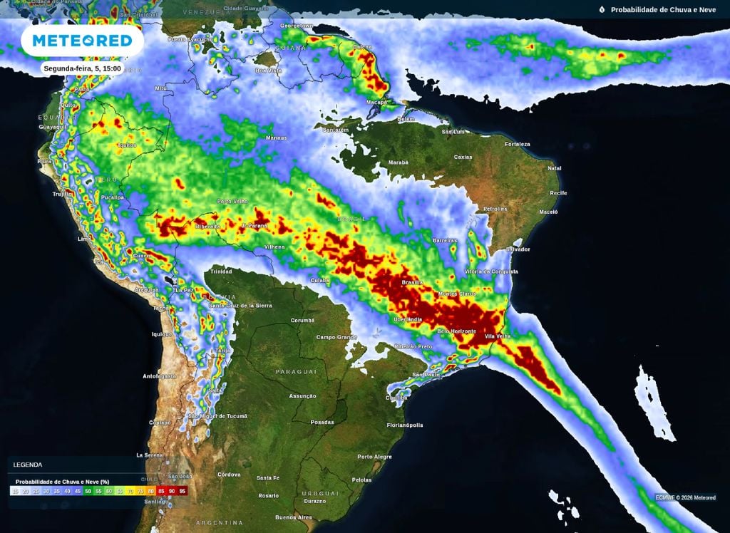 Possibilidade de chuva para a tarde de segunda-feira (5) sobre o Brasil.