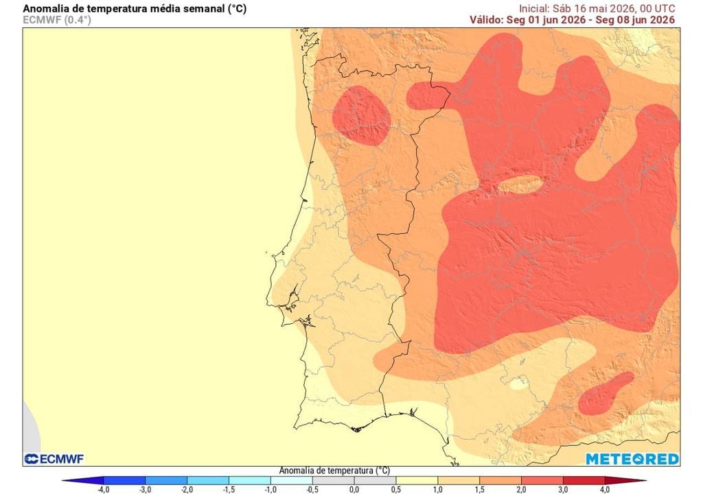 De acordo com o modelo europeu, Portugal irá manter-se pintado de vermelho pelo menos até ao arranque do verão climatológico, com as temperaturas em crescendo.