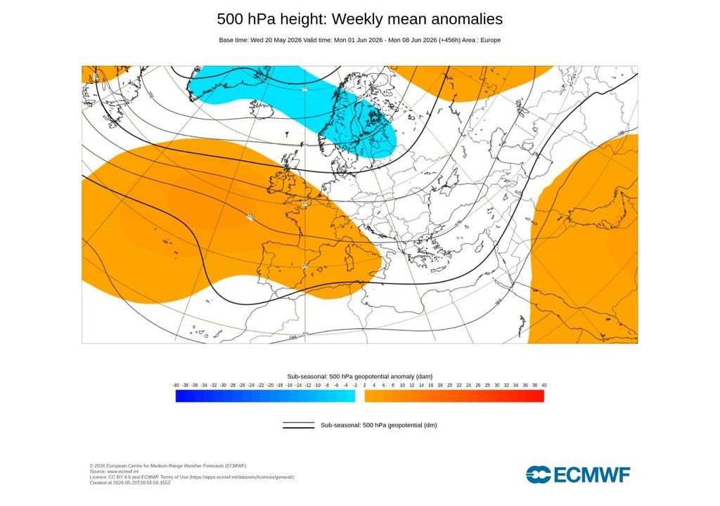 Segundo o modelo europeu, uma vasta área geográfica que se estende desde os Açores até à Europa mais ocidental poderá ser condicionada pela presença de massas de ar mais quentes na primeira semana de junho.