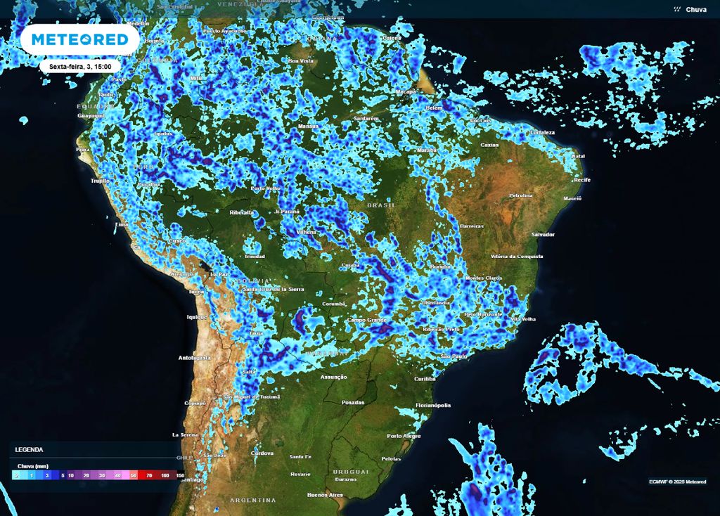 Chuva prevista para o Brasil, na tarde de sexta-feira(03).