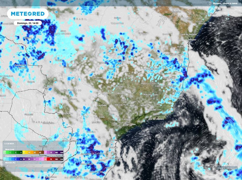Previsão de precipitação (em mm) para o domingo (22) à tarde (14h), segundo o modelo europeu ECMWF.