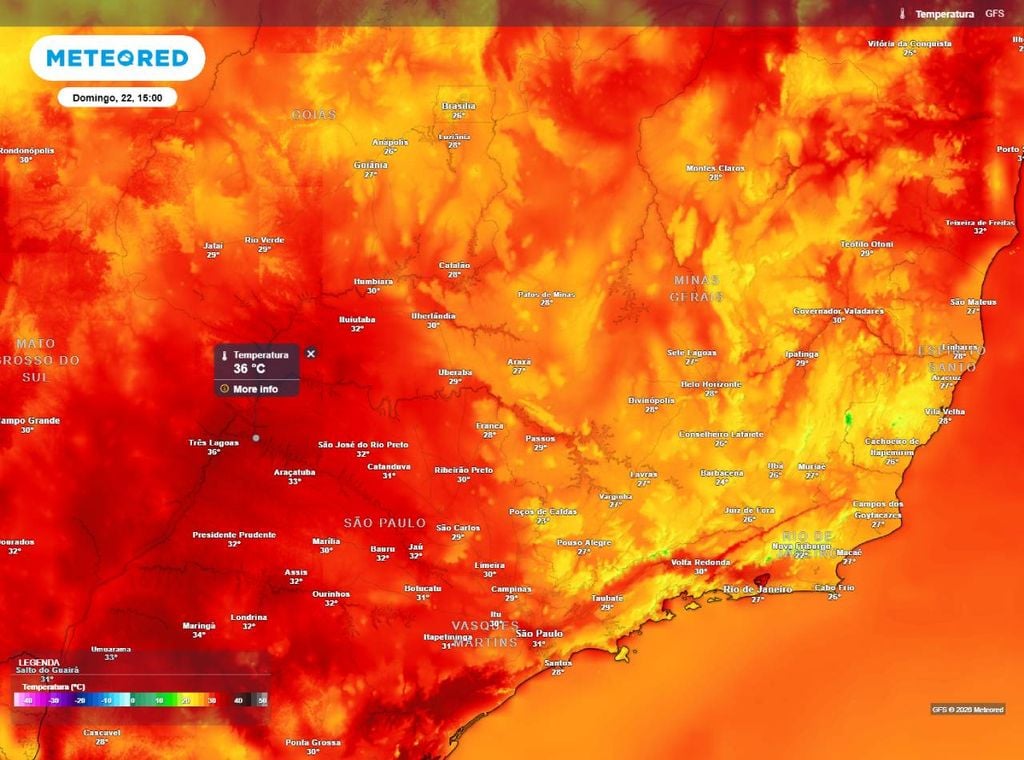 Previsão de temperatura do ar (em °C) para domingo (22) à tarde (15h).