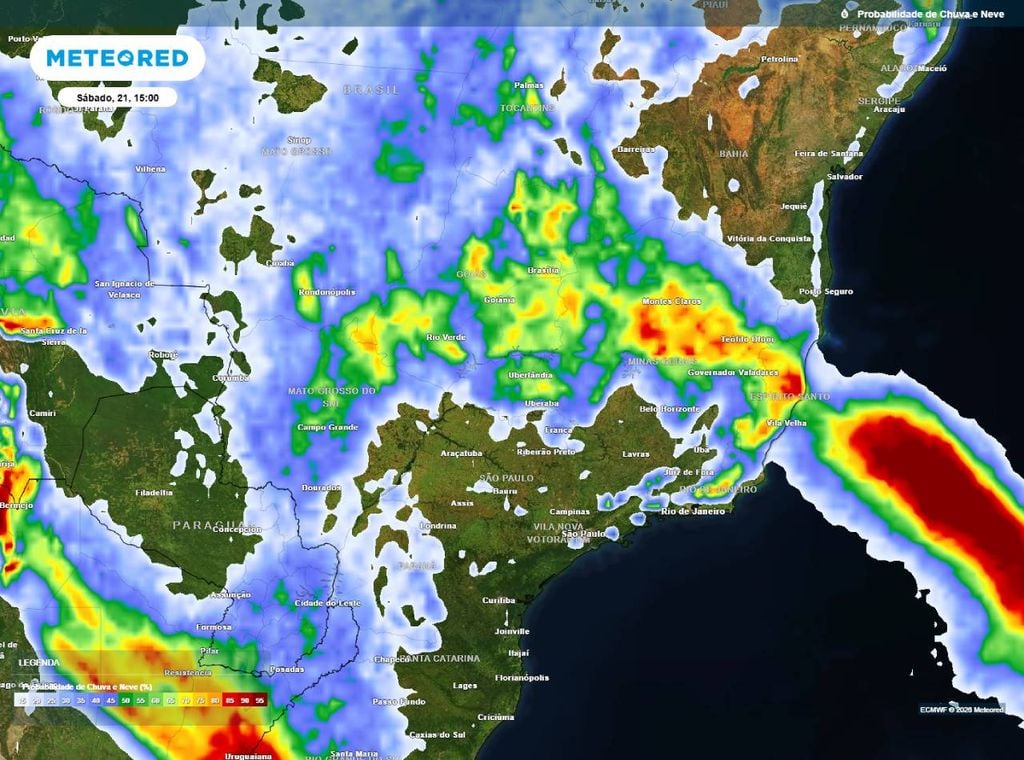 Previsão da probabilidade de precipitação (%) para sábado (21) à tarde (15h), segundo o modelo europeu ECMWF. Maior potencial para chuvas nna porção mais ao norte de Minas Gerais e no norte do Espírito Santo. Demais áreas do Sudeste com baixo potencial para chuvas.
