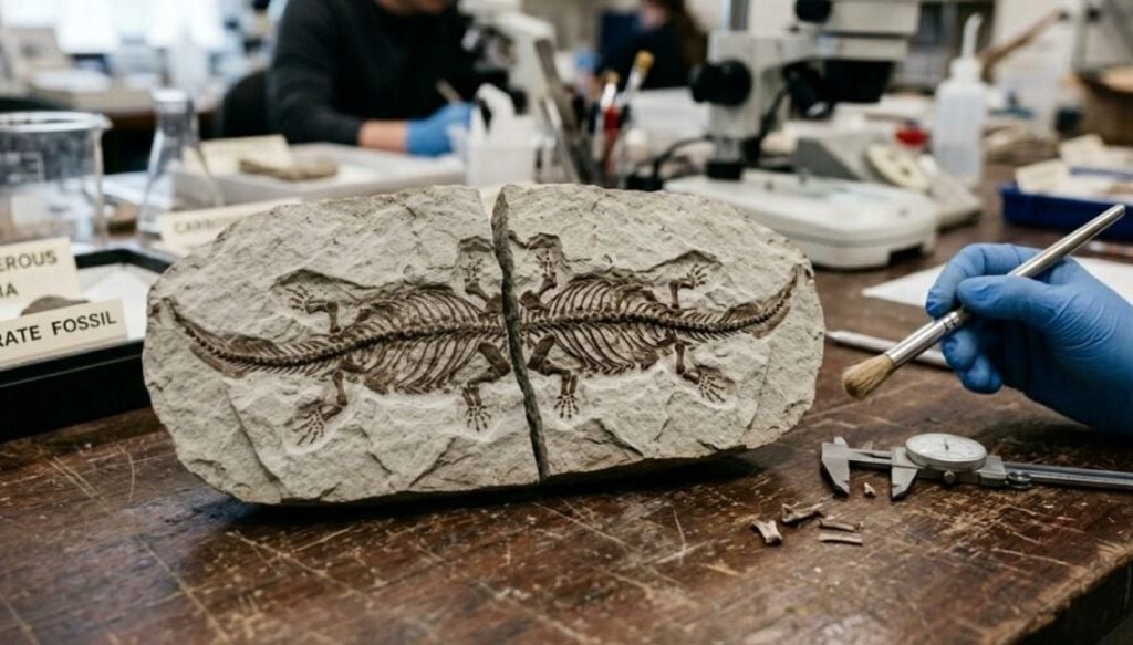 Fósseis raros indicam nascimento sem fase larval facilitando a exploração terrestre. Fósseis raros indicam nascimento sem fase larval facilitando a exploração terrestre. Crédito: Revista Galileu