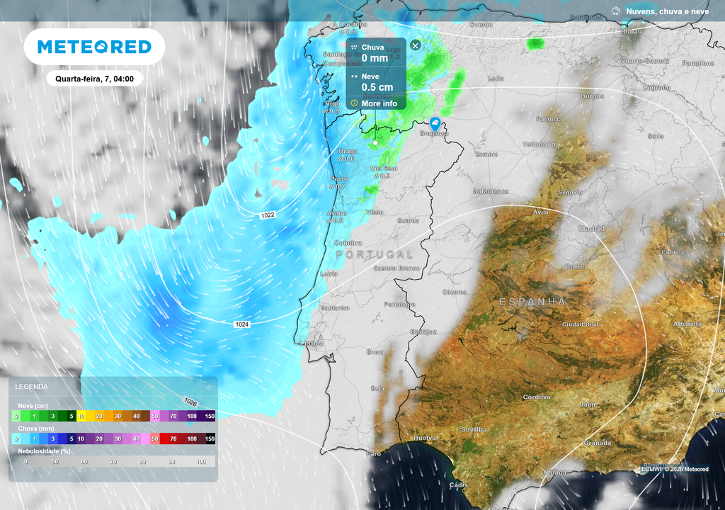 Mapa atmosférico: chuva e neve